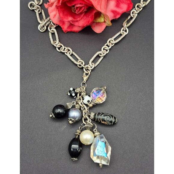 Silver Tone Toggle Necklace Textured Link Multi Beaded Pendant Dangle Tassel 20" - Picture 1 of 10